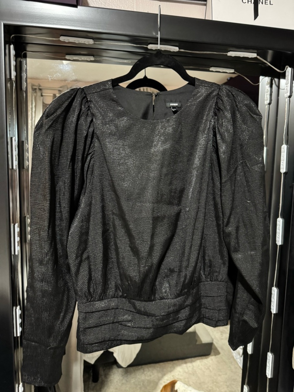 Express Black Shimmery Puff-Sleeve Blouse